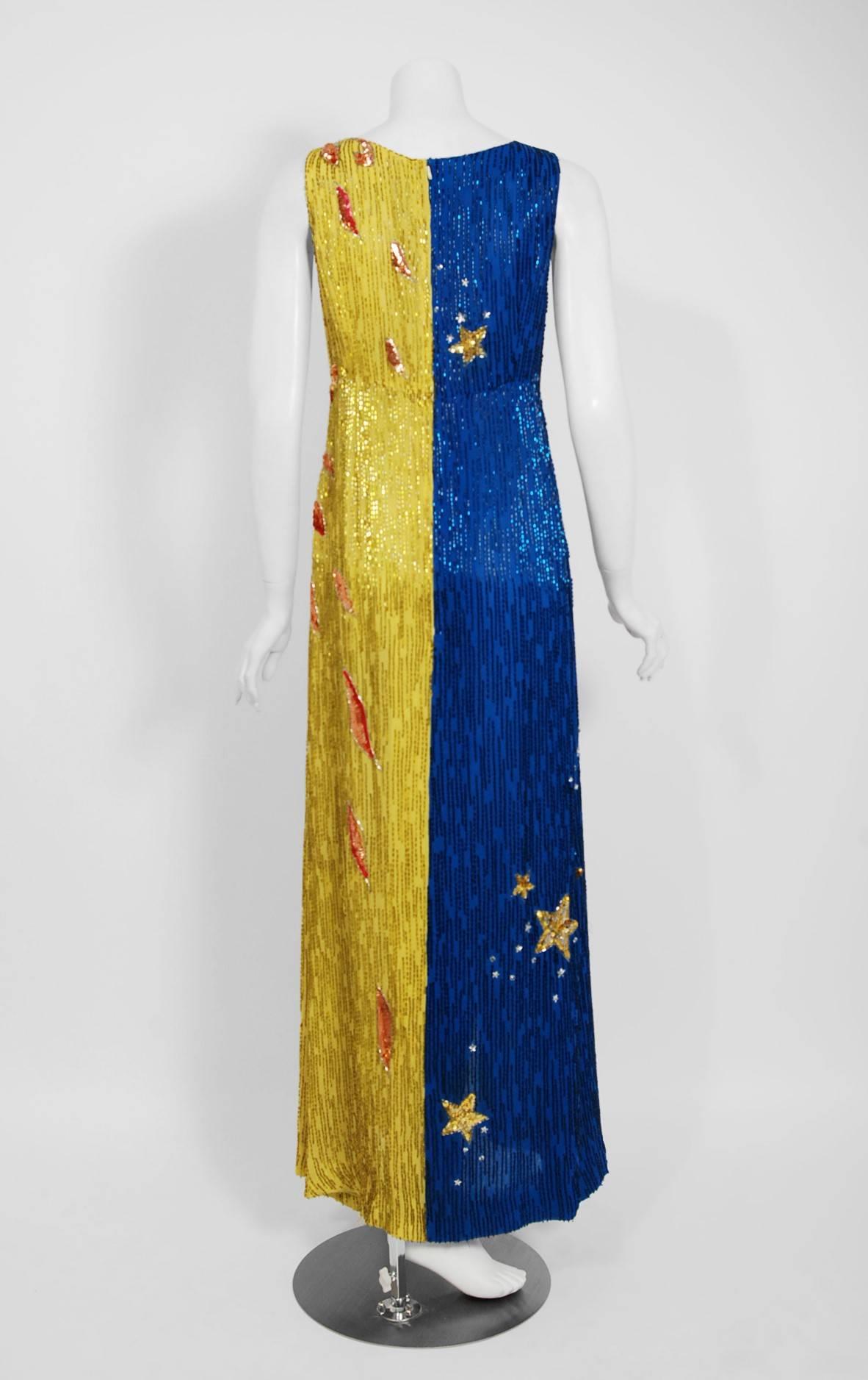 Vintage 1969 Boyd Clopton Couture Celestial Sun & Moon Beaded High-Slit Gown  1