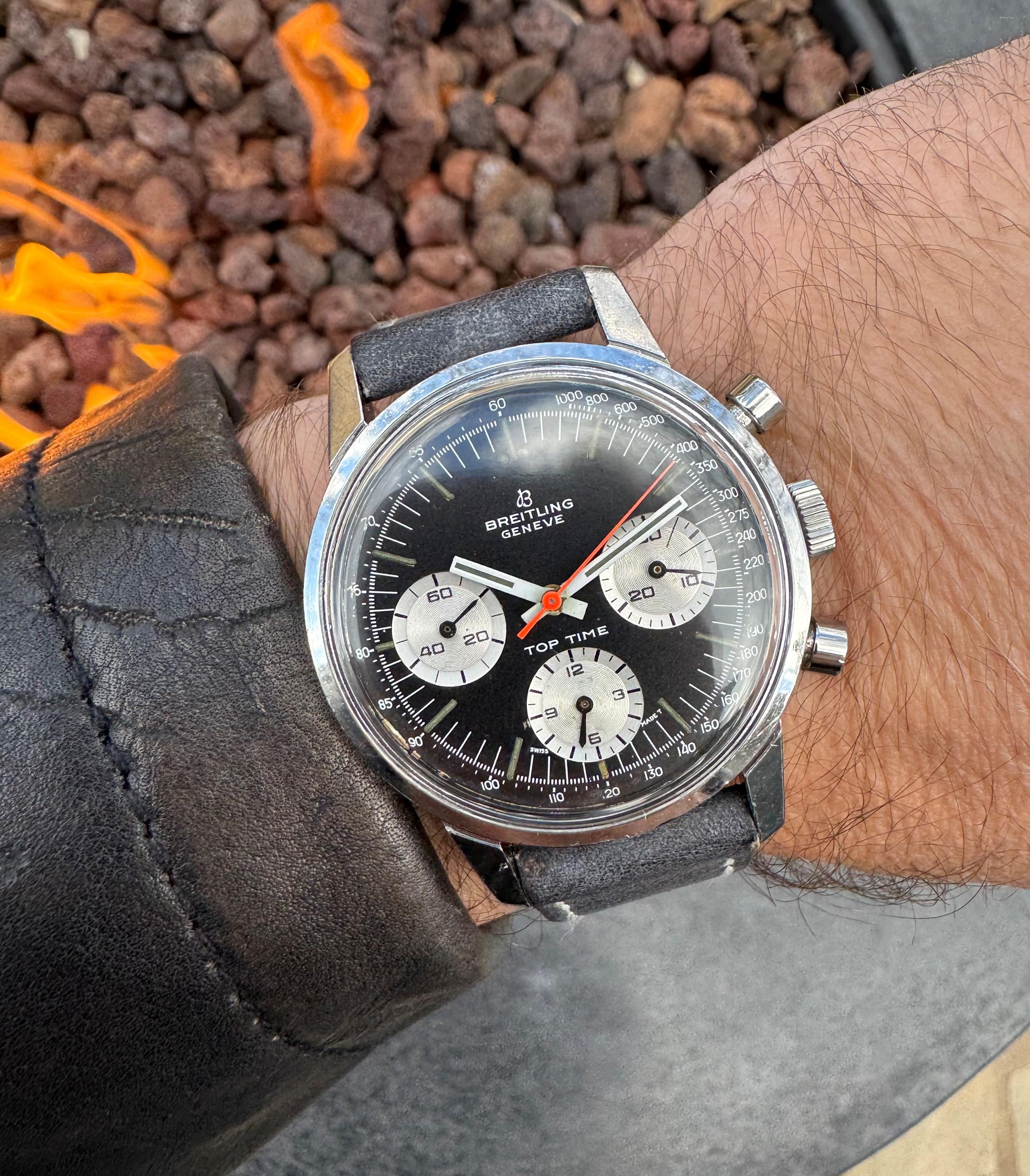 1969 Breitling Top Time Vintage Aviator's Panda Zifferblatt Chronographuhr - SS im Angebot 3