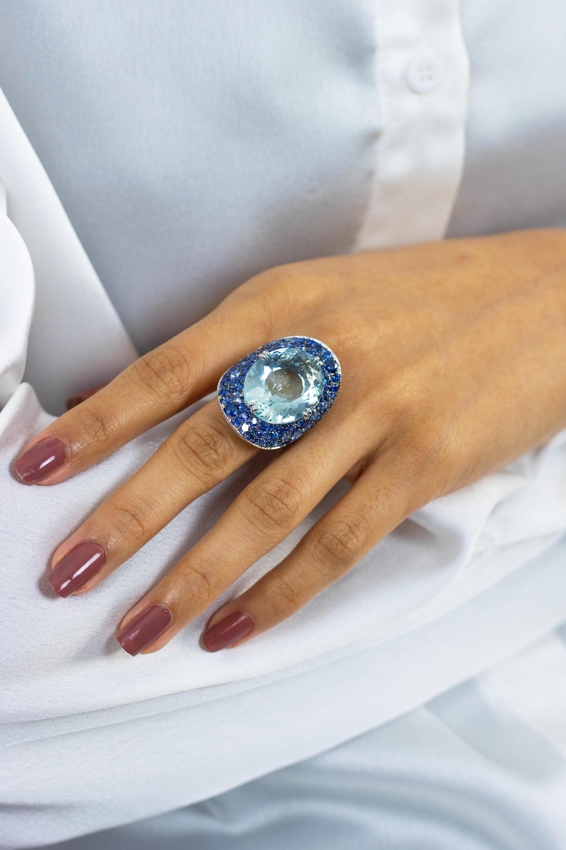 19.69 Carats Oval Cut Large Aquamarine with Sapphire and Diamond 'Bonnet' Ring For Sale 6