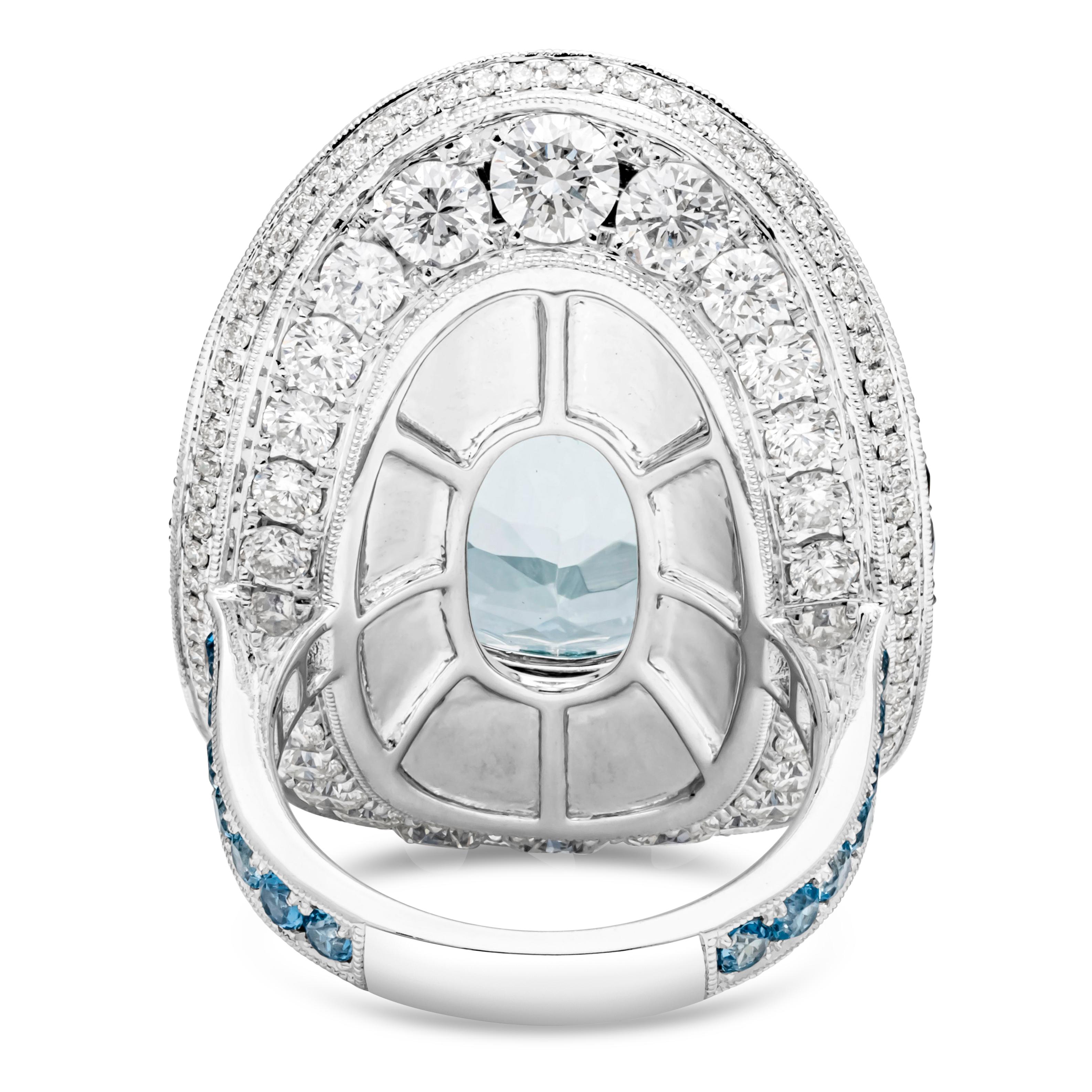 Women's 19.69 Carats Oval Cut Large Aquamarine with Sapphire and Diamond 'Bonnet' Ring For Sale
