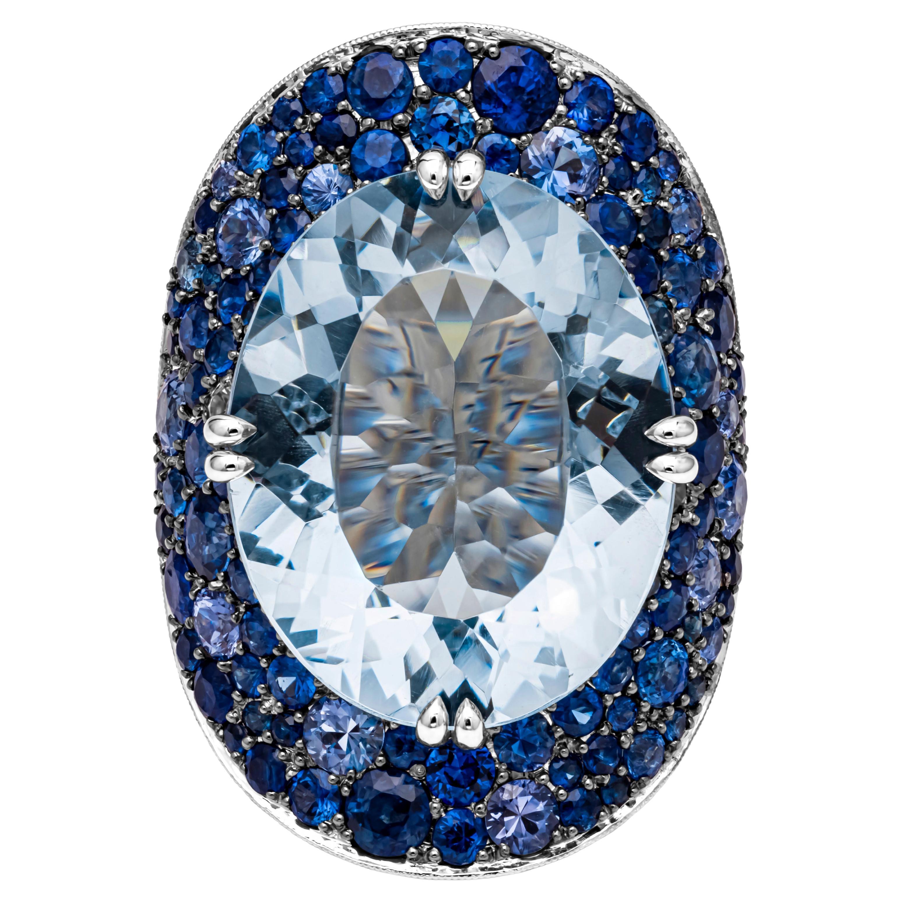 19.69 Carats Oval Cut Large Aquamarine with Sapphire and Diamond Bonnet Ring For Sale