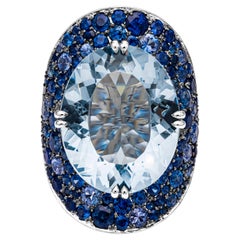 19.69 Carats Oval Cut Large Aquamarine with Sapphire and Diamond Bonnet Ring