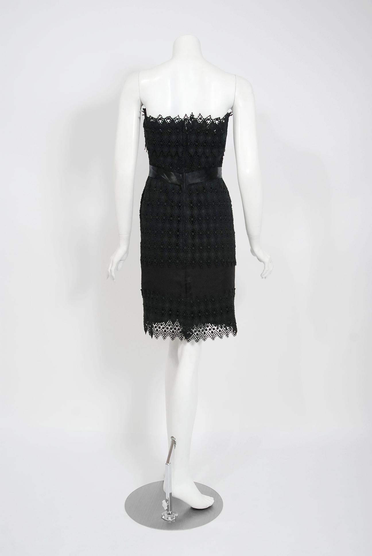 Vintage 1969 Christian Dior For Saks Black Lace & Silk Strapless Bow Mini Dress 2