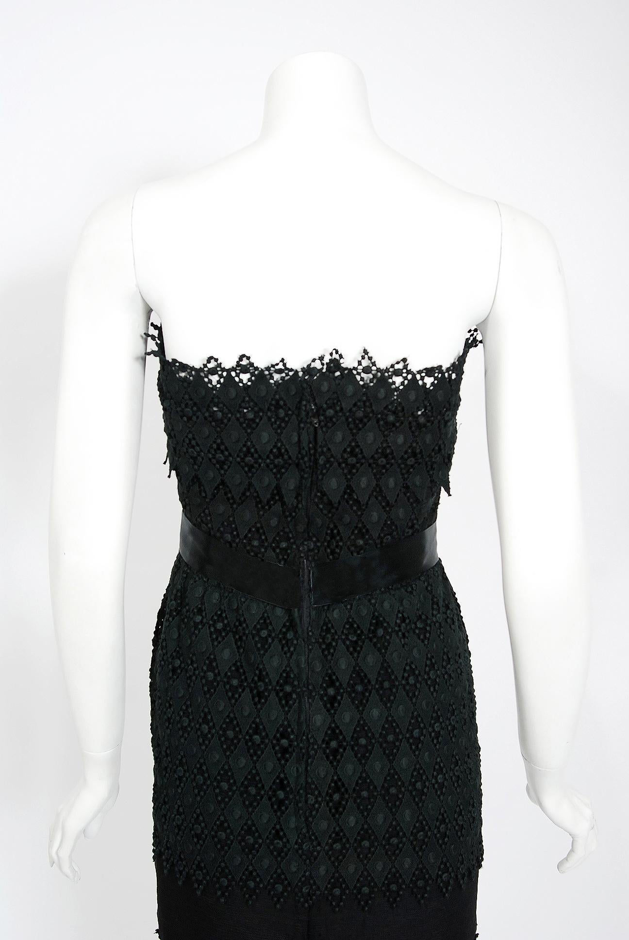 Vintage 1969 Christian Dior For Saks Black Lace & Silk Strapless Bow Mini Dress 3