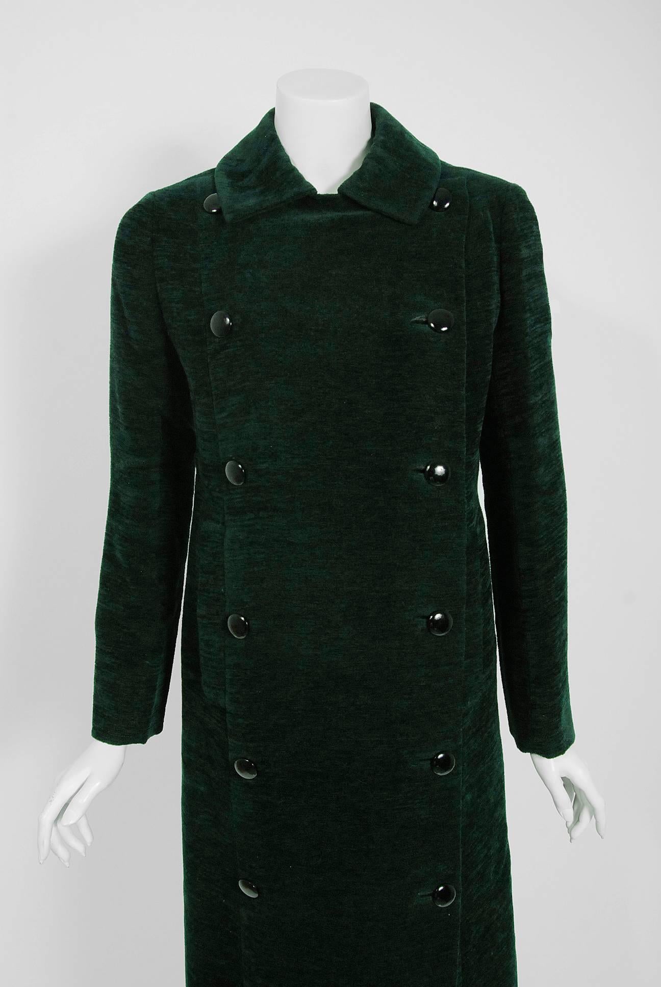 Black 1969 Christian Dior Haute-Couture Dark Green Silk Corduroy Double-Breasted Coat 