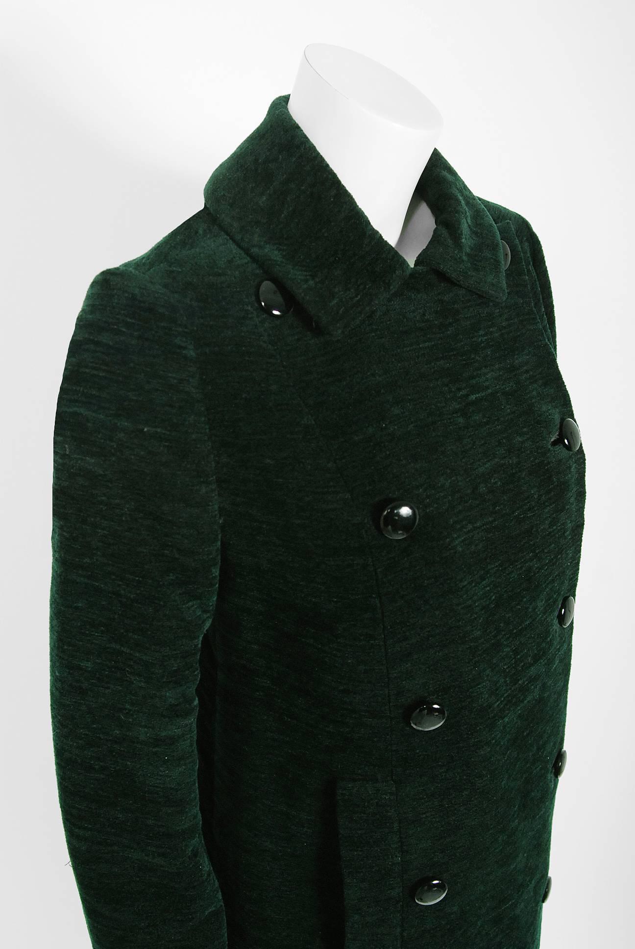 Women's 1969 Christian Dior Haute-Couture Dark Green Silk Corduroy Double-Breasted Coat 
