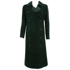 1969 Christian Dior Haute-Couture Dark Green Silk Corduroy Double-Breasted Coat