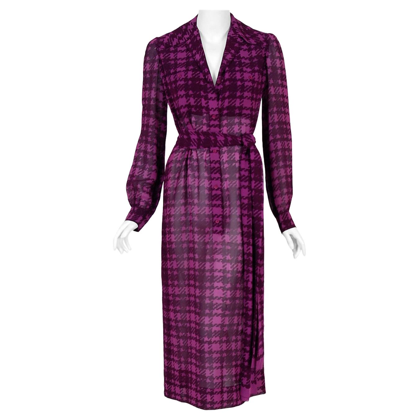 1969 Christian Dior Haute-Couture Purple Houndstooth Silk-Chiffon Belted Dress
