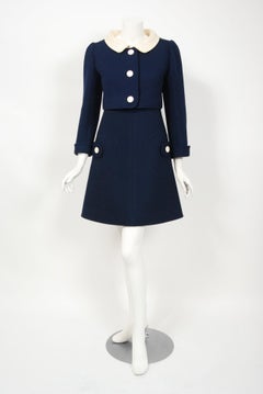 1969 Courreges Couture Marineblau & Creme Wolle Mod Space-Age Kleid & Jacke