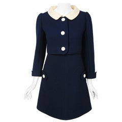 Retro 1969 Courreges Couture Navy-Blue & Creme Wool Mod Space-Age Dress & Jacket