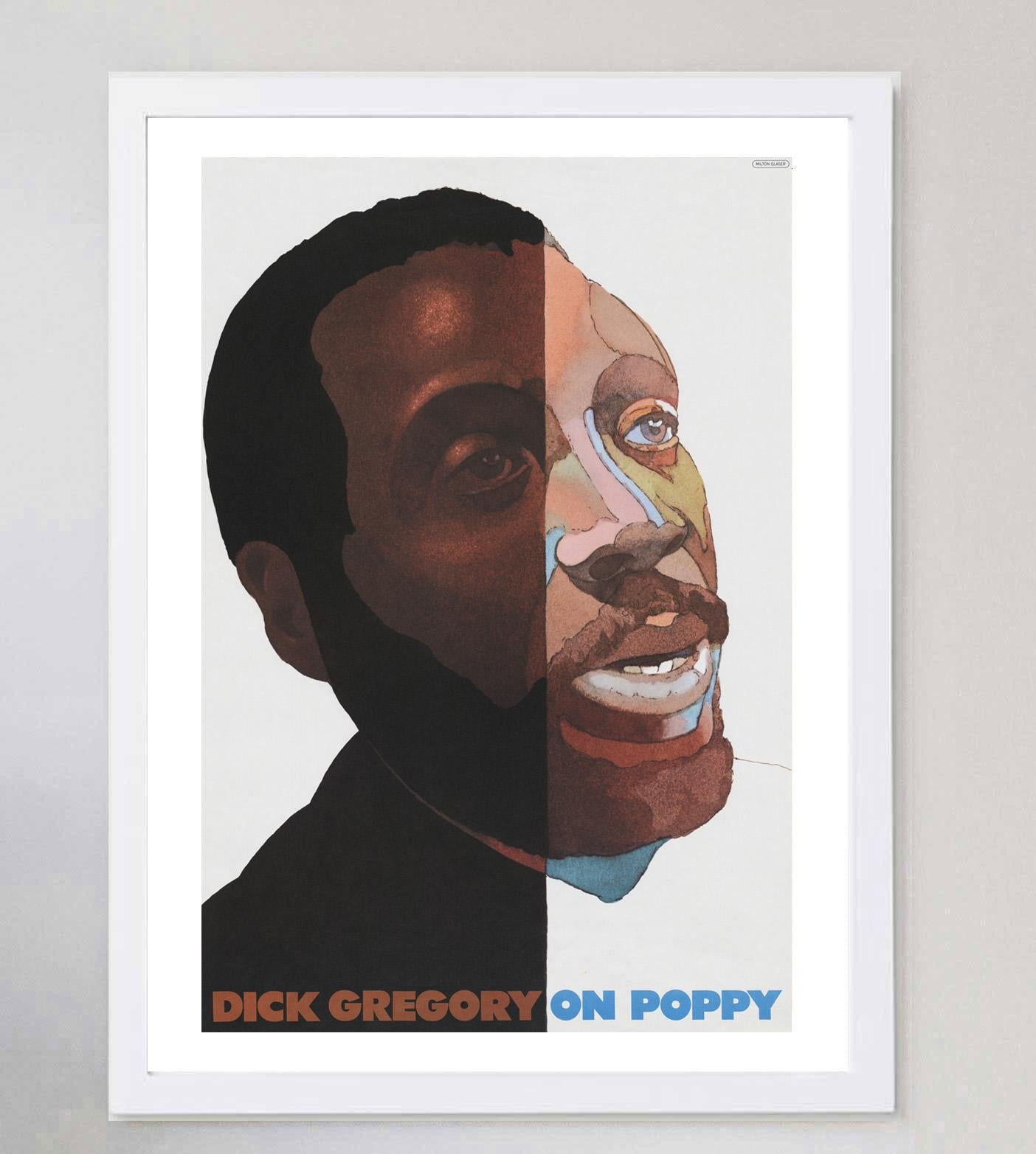 Il celebre graphic designer Milton Glaser fu incaricato di creare questo poster speciale nel 1969 per promuovere gli album di Dick Gregory su Poppy Records. Gregory era una leggenda della stand up comedy, attivista per i diritti civili e autore di