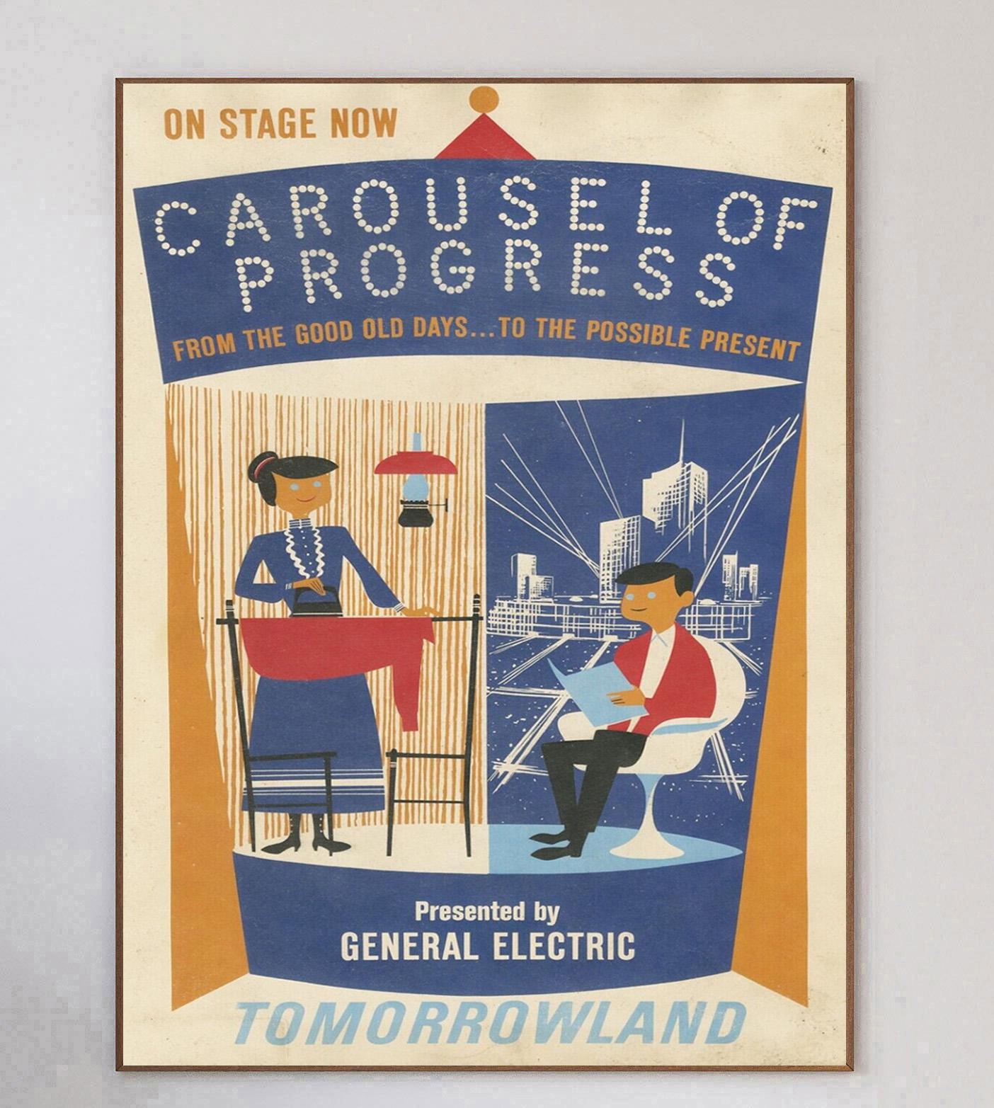 Stunning & exceptionally rare attraction poster from 1969 promoting the Carousel of Progress attraction in Tomorrowland at Disneyland. Opening in 1955 in Anaheim, California, Disneyland was opened and overseen by Walt Disney himself and has been