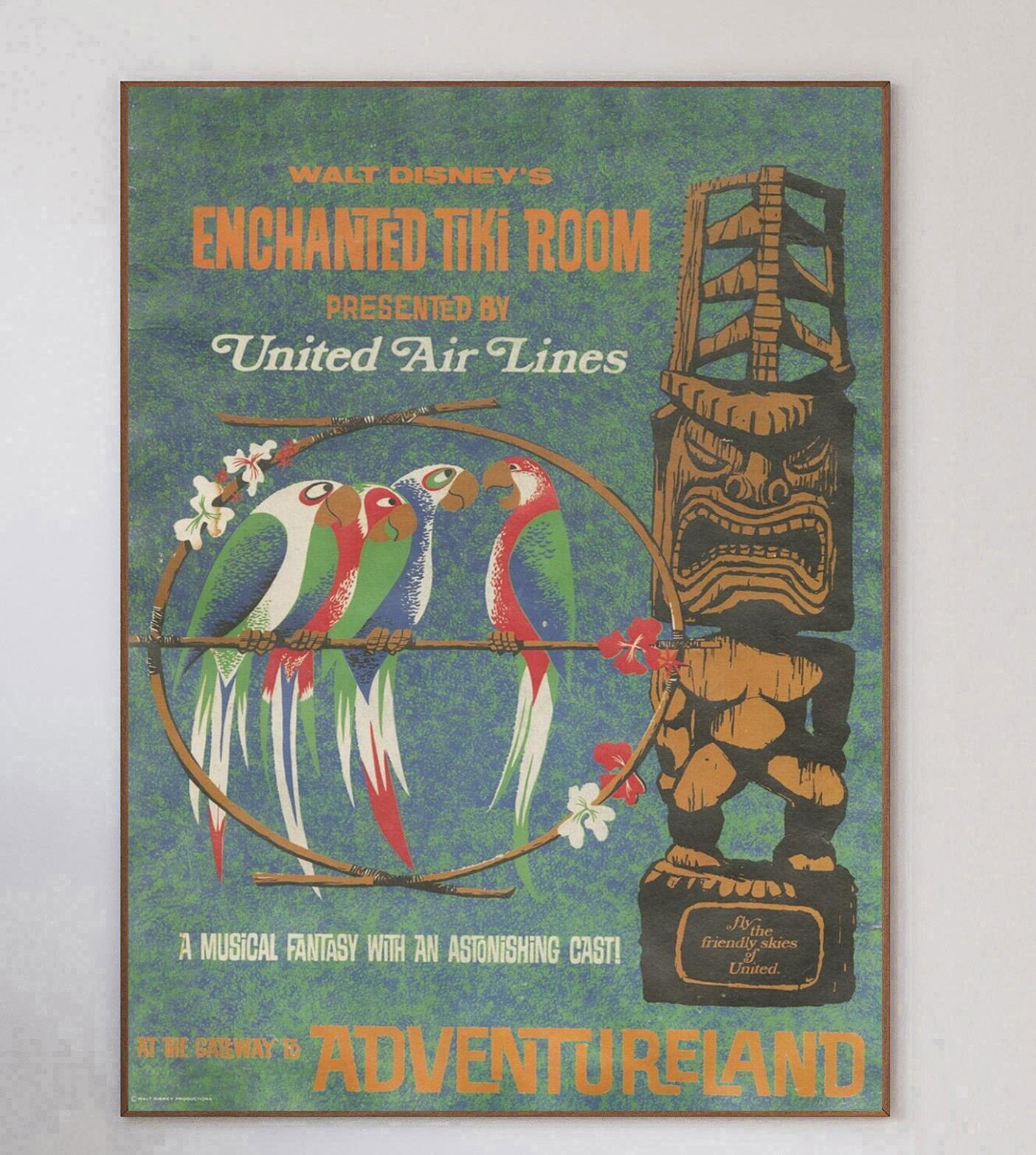 Stunning & exceptionally rare attraction poster from 1969 promoting the Enchanted Tiki Room attraction in Adventureland at Disneyland. Opening in 1955 in Anaheim, California, Disneyland was opened and overseen by Walt Disney himself and has been