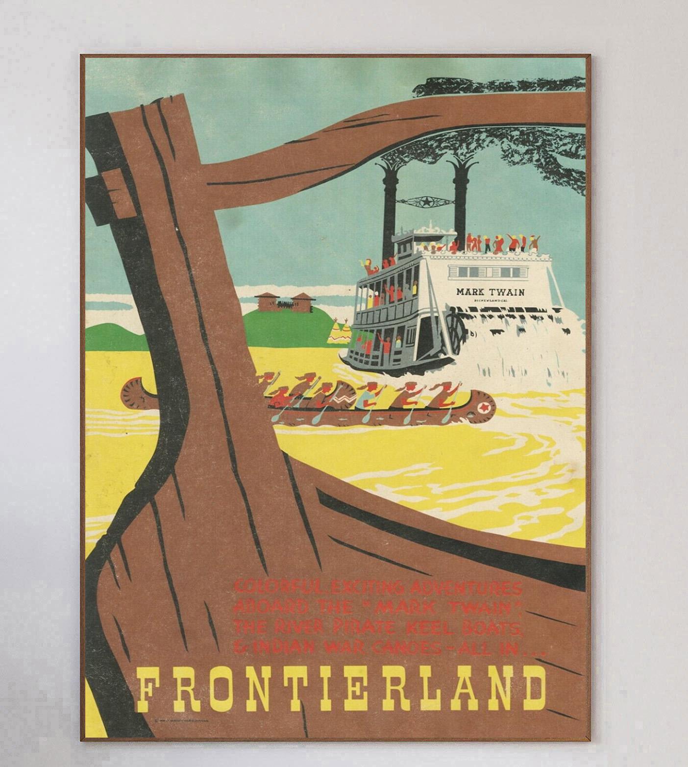 Splendido ed eccezionalmente raro poster di un'attrazione del 1969 che promuove l'attrazione Mark Twain Riverboat a Frontierland a Disneyland. Inaugurato nel 1955 ad Anaheim, in California, Disneyland è stato aperto e supervisionato da Walt Disney