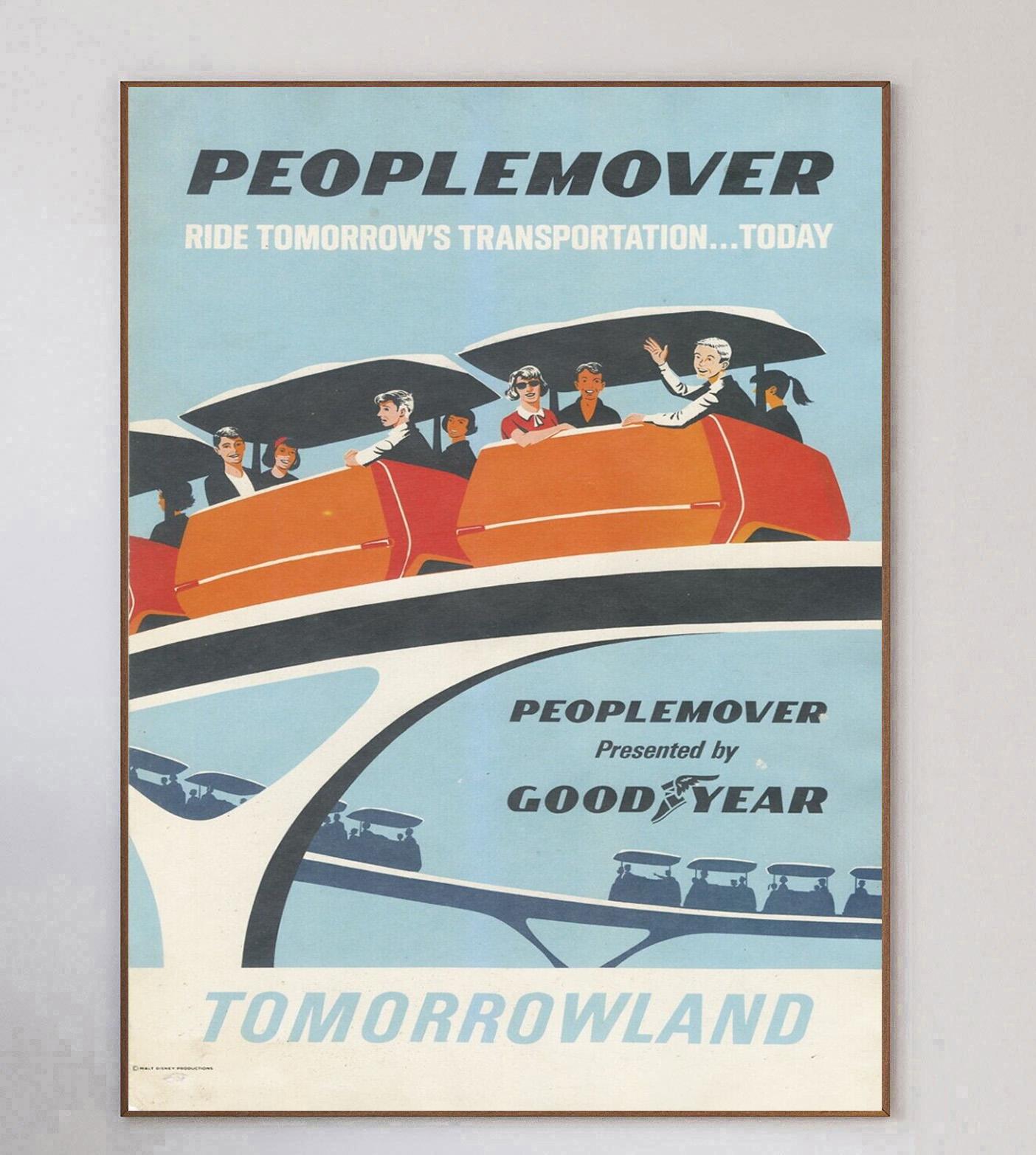 Beeindruckendes, äußerst seltenes Plakat aus dem Jahr 1969, das für die Peoplemover-Attraktion im Tomorrowland in Disneyland wirbt. Das 1955 in Anaheim, Kalifornien, eröffnete und von Walt Disney selbst geleitete Disneyland wurde bis heute von über