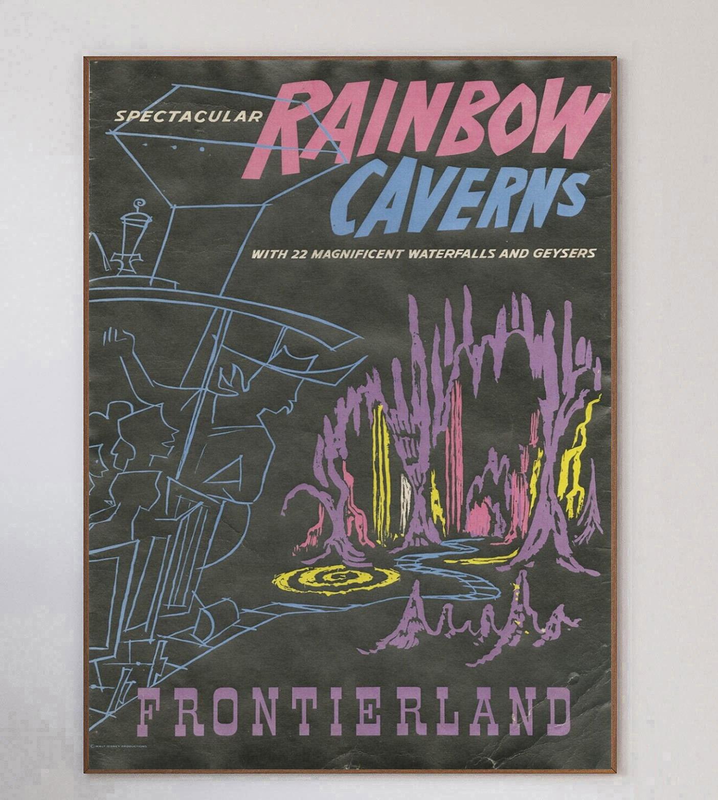 Stunning & exceptionally rare attraction poster from 1969 promoting the Rainbow Caverns attraction in Frontierland at Disneyland. Opening in 1955 in Anaheim, California, Disneyland was opened and overseen by Walt Disney himself and has been visited