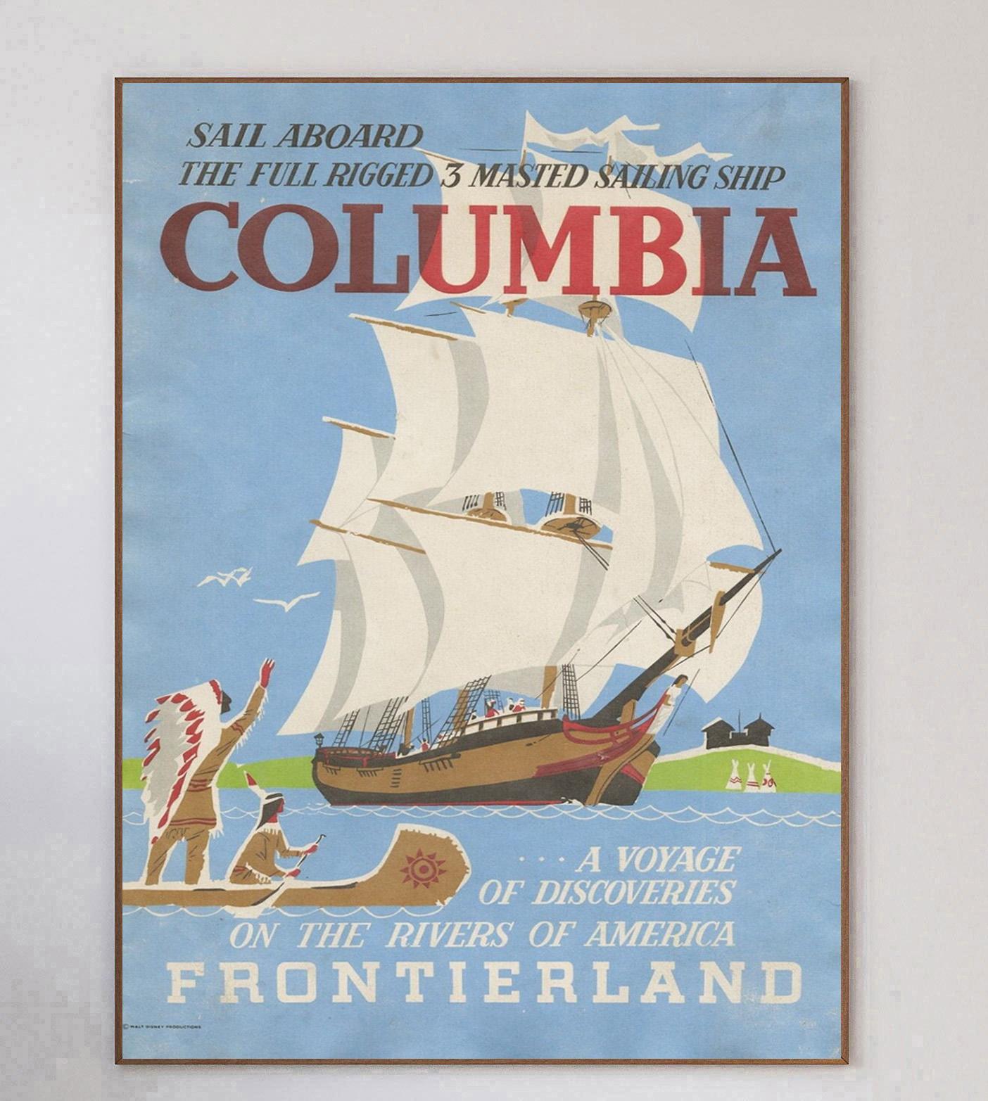 Stunning & exceptionally rare attraction poster from 1969 promoting the SS Columbia ship attraction in Frontierland at Disneyland. Opening in 1955 in Anaheim, California, Disneyland was opened and overseen by Walt Disney himself and has been visited