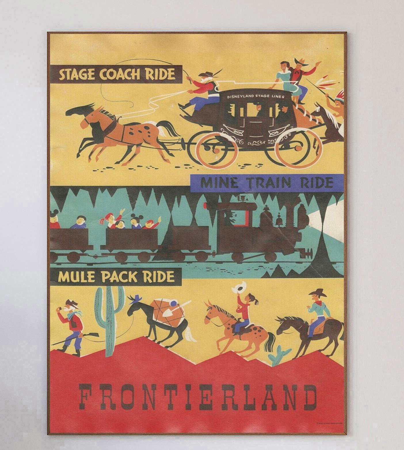 Beeindruckendes und äußerst seltenes Plakat aus dem Jahr 1969, das für klassische Attraktionen im Frontierland von Disneyland wirbt. Das 1955 in Anaheim, Kalifornien, eröffnete und von Walt Disney selbst geleitete Disneyland wurde bis heute von über