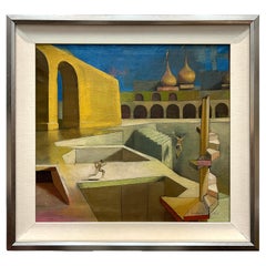 Surrealistisches architektonisches Ölgemälde auf Leinwand, Endres, 1969, signiert, neu gerahmt
