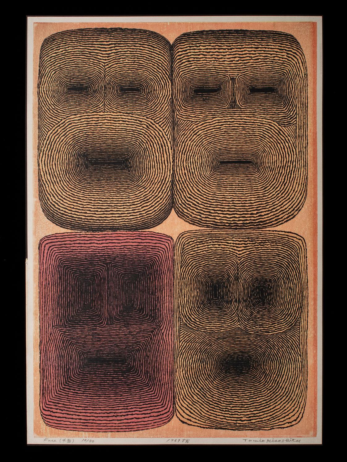 Faces (4 Faces), 1969
Tomio Kinoshita (1923-2014), Japan
Woodblock print
Paper, pigment, sumi ink
Image: 27 high by 18.25 inches wide (68.5 by 46.4 cm)
Paper size: 28 high by 19 inches wide (71 by 48 cm)
Edition: 10/50

This is a rare early