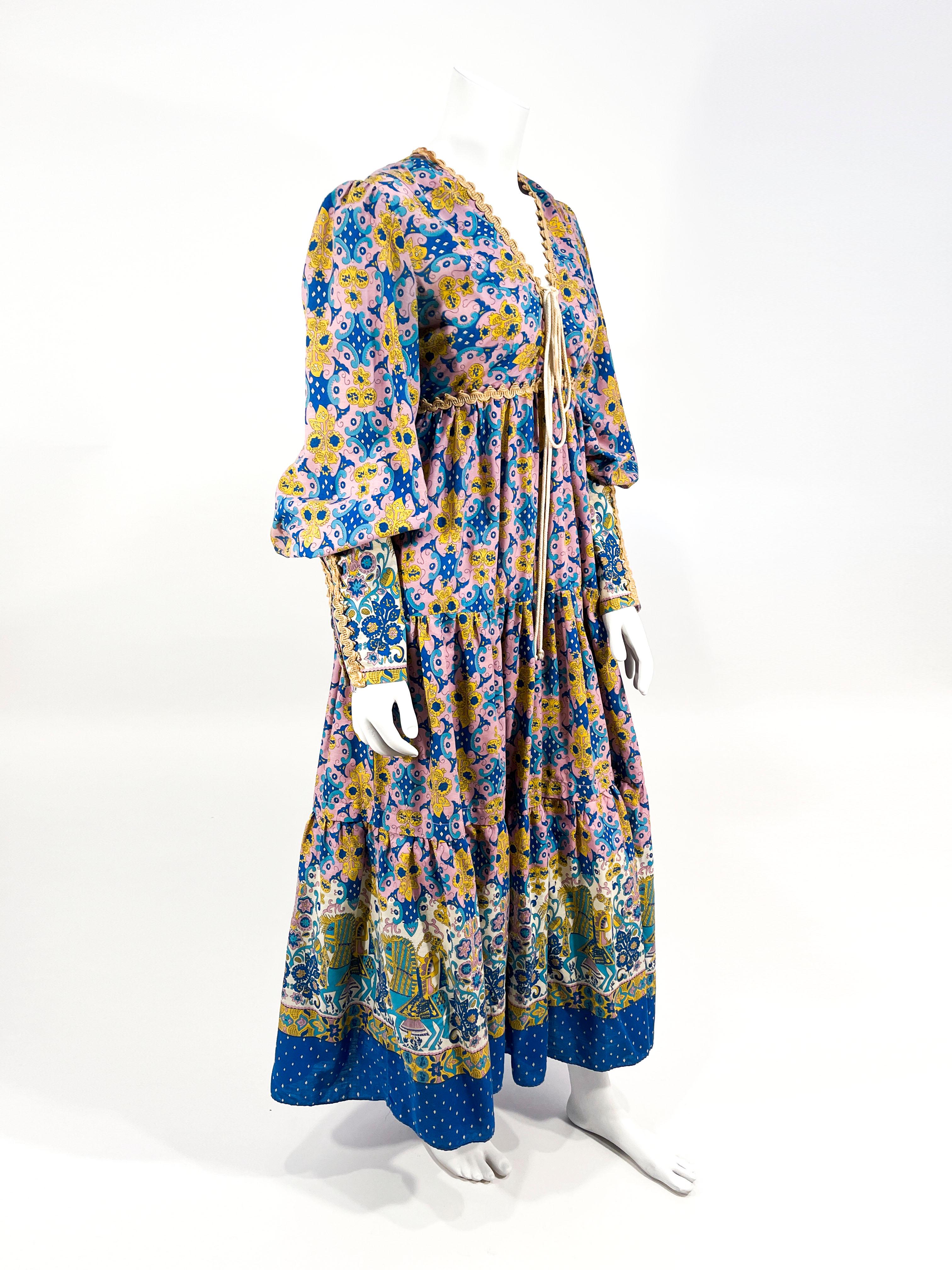 Gray 1969 Gunne Sax Eclectic Horseman Printed Cotton Dress For Sale