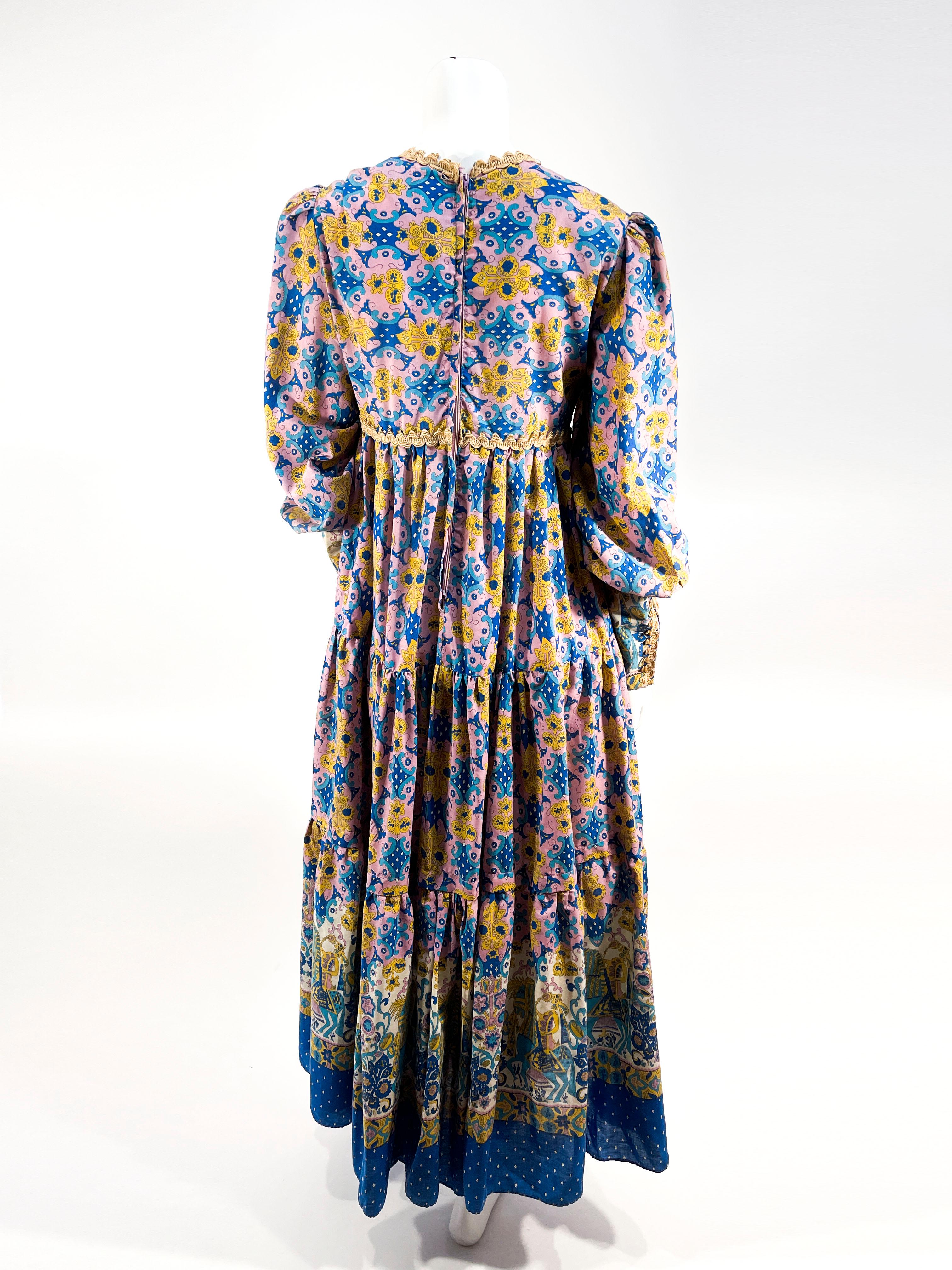 Women's 1969 Gunne Sax Eclectic Horseman Printed Cotton Dress For Sale