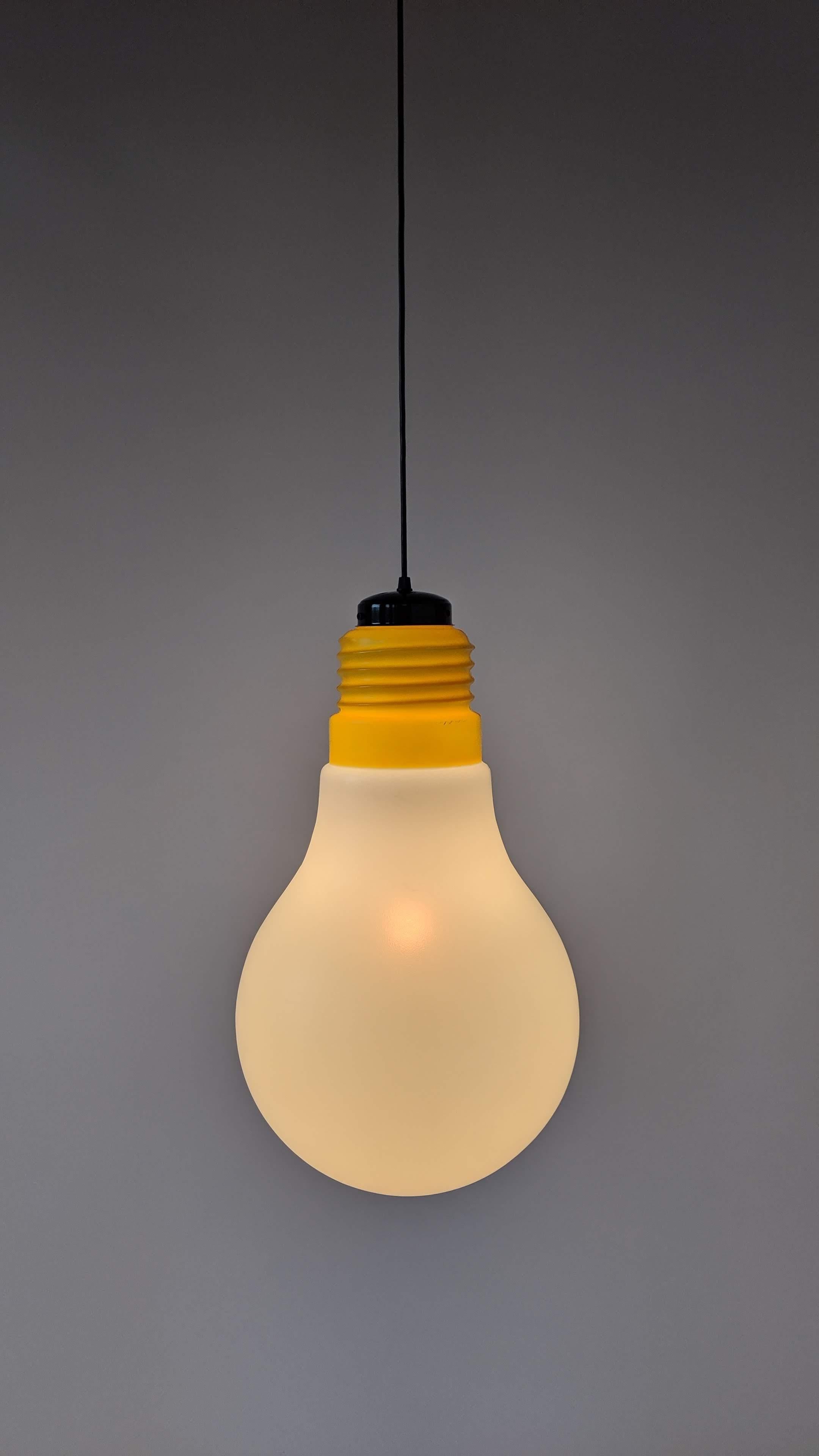 Iconic oversize 'Bulb Bulb' could be hang from the ceiling or lay loose on the floor. 

Contain one regular E26 size socket rated at 60 watts. 

Your choice of 12 feet long new black cord with wall plug for swag or canopy ready to connect to