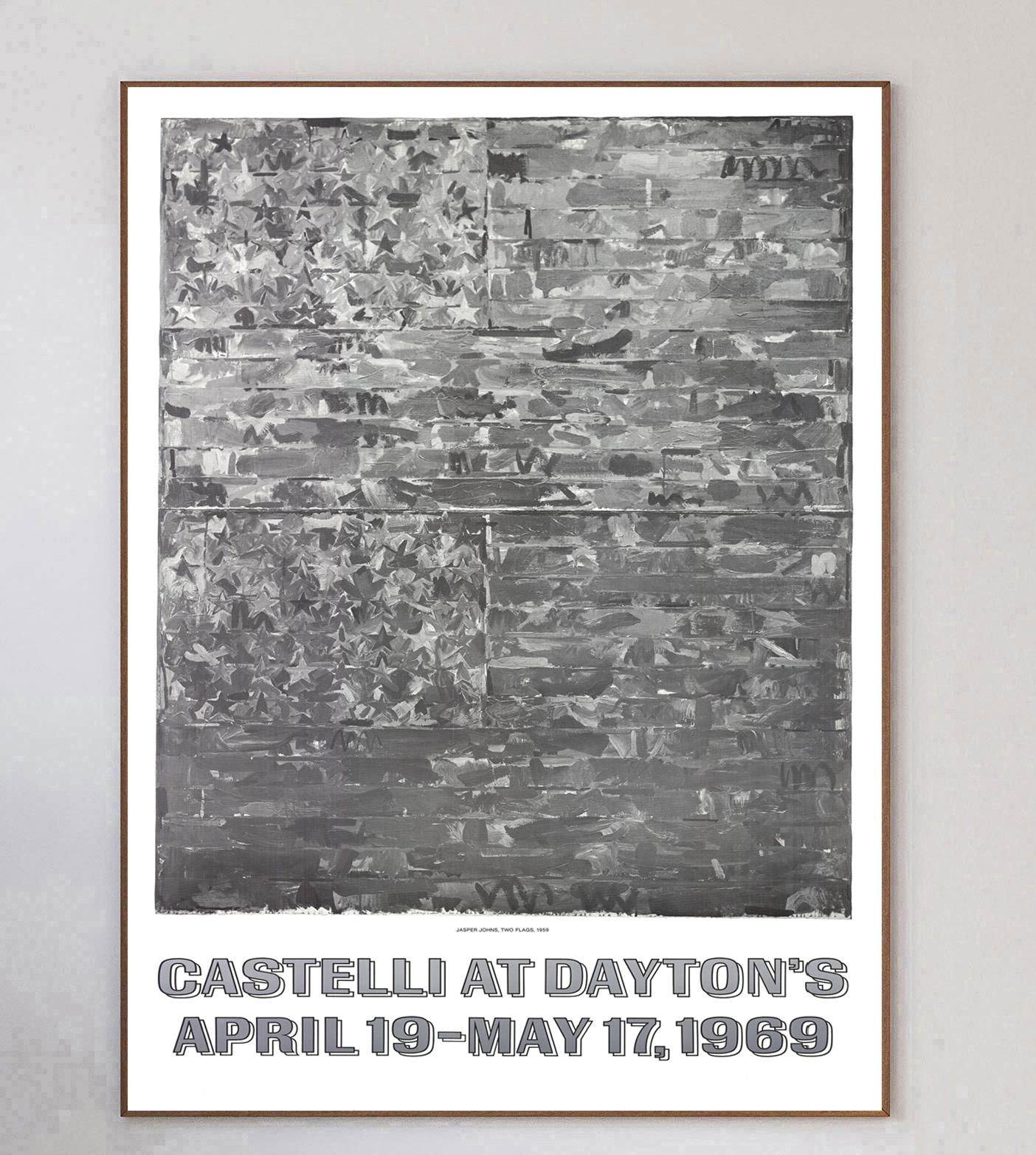 Bellissimo poster che promuove la mostra all'Università di Dayton del famoso mercante d'arte Leo Castelli, con la brillante opera 