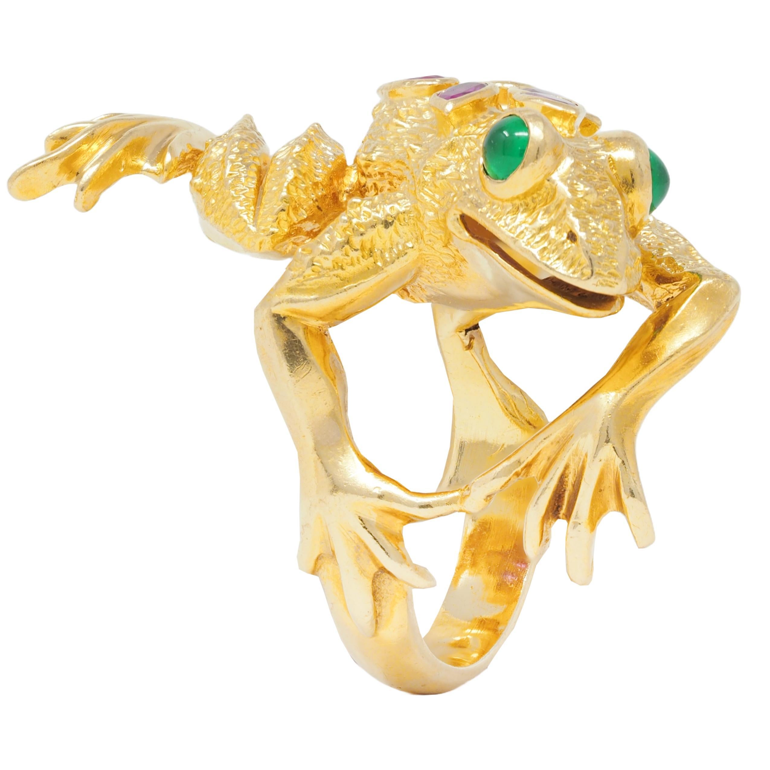1969 Kurt Wayne 1.60 CTW Ruby Emerald 18 Karat Yellow Gold Vintage Frog Ring 5