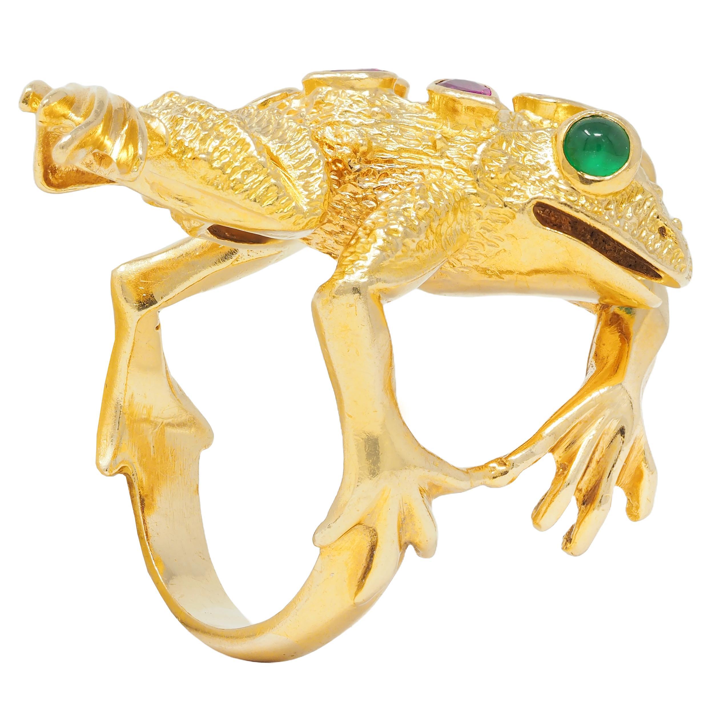 1969 Kurt Wayne 1.60 CTW Ruby Emerald 18 Karat Yellow Gold Vintage Frog Ring 7