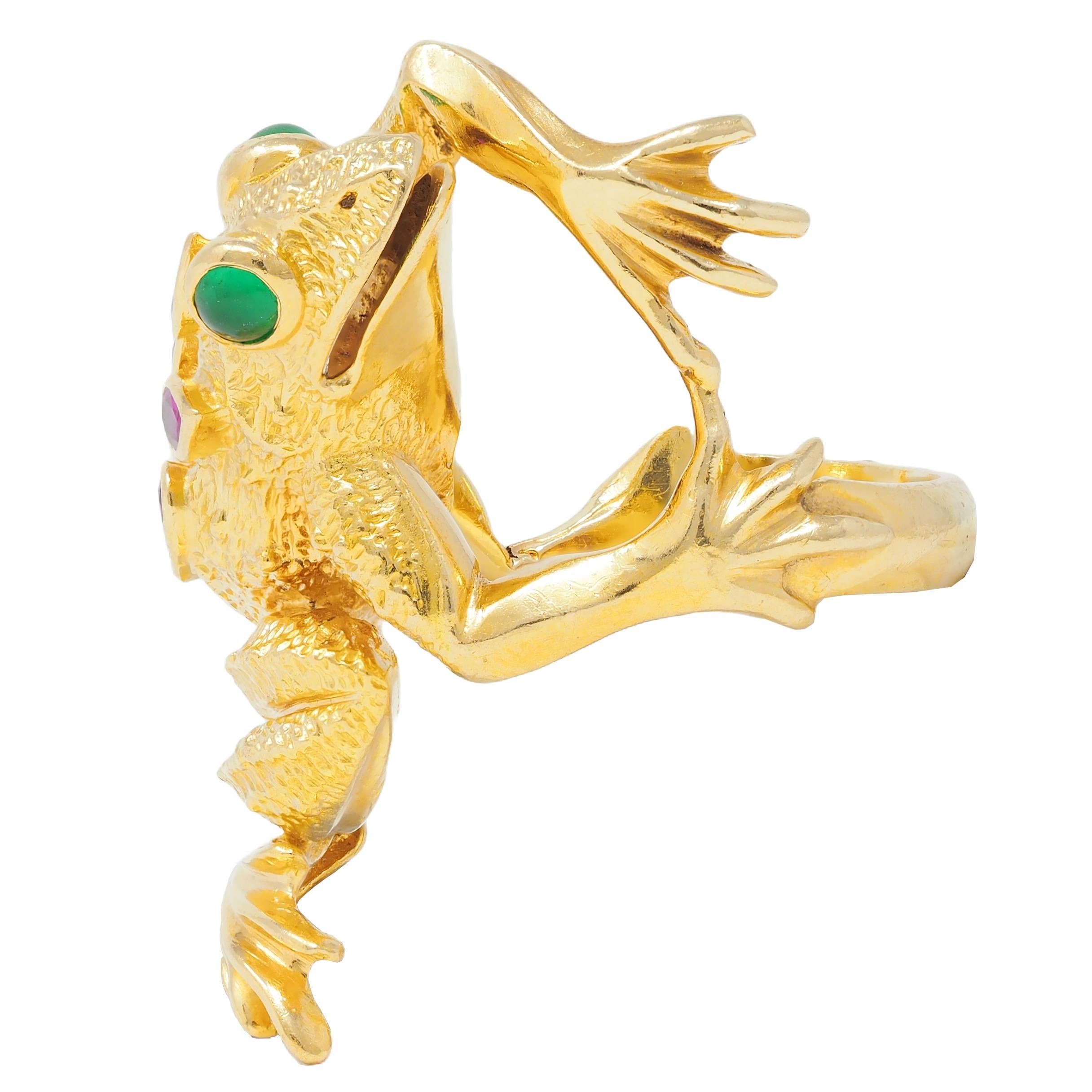 Women's or Men's 1969 Kurt Wayne 1.60 CTW Ruby Emerald 18 Karat Yellow Gold Vintage Frog Ring