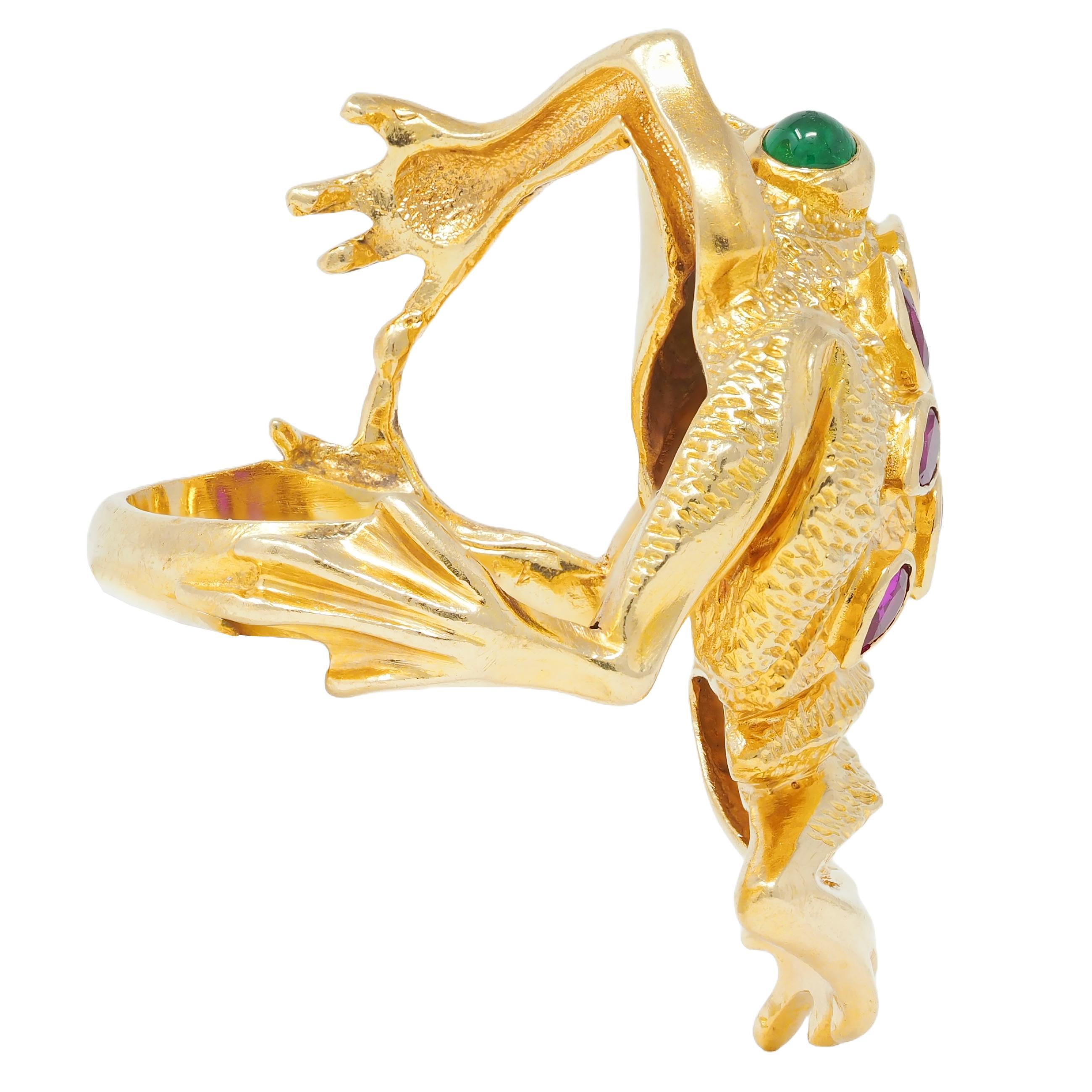 1969 Kurt Wayne 1.60 CTW Ruby Emerald 18 Karat Yellow Gold Vintage Frog Ring 2