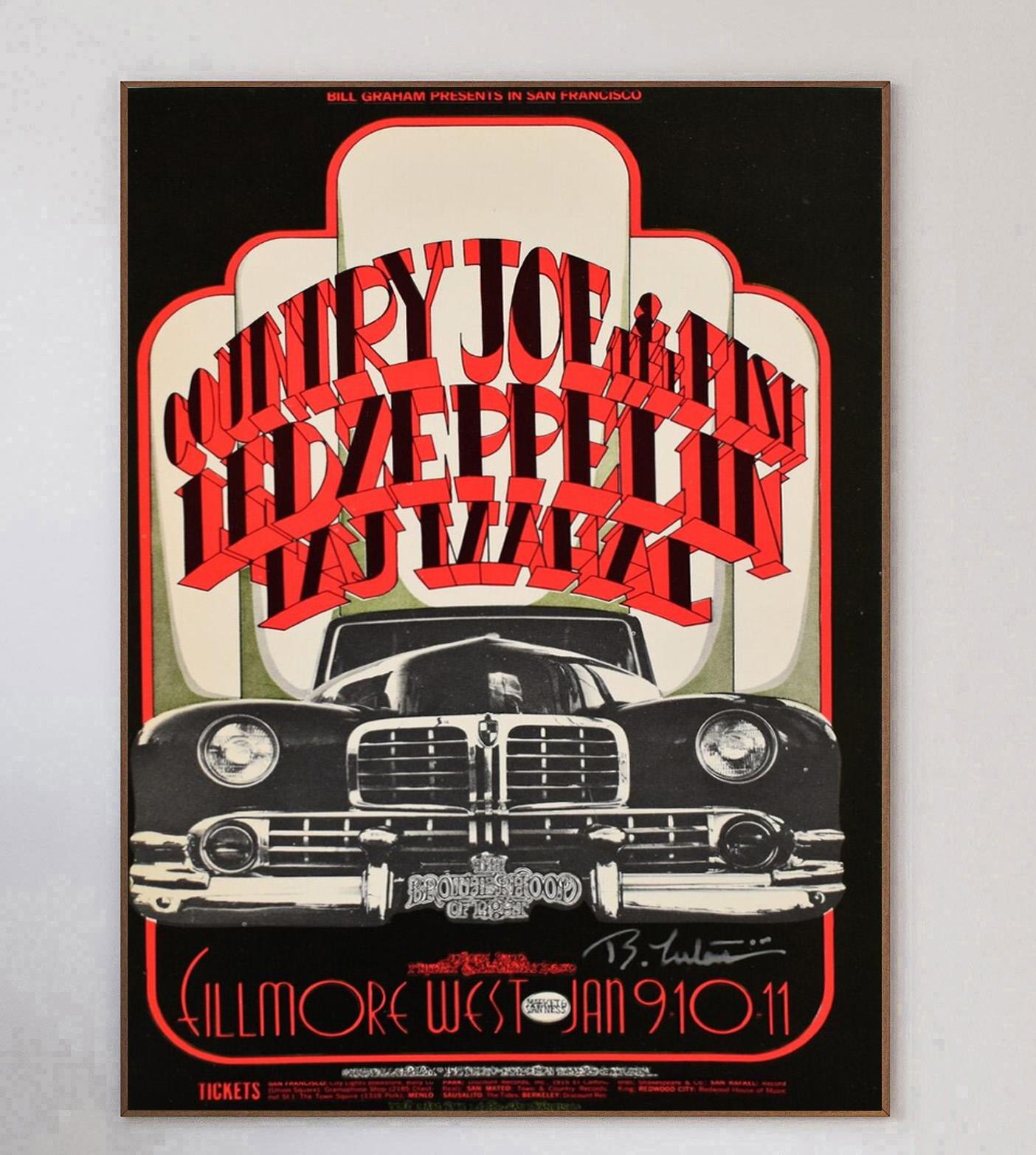 Disegnato dal leggendario artista di poster per concerti Randy Tuten con D. Bread e Peter Pynchon, questo bellissimo poster è stato creato nel 1969 per promuovere un concerto live di Country Joe & The Fish, Led Zeppelin e Taj Mahal al famoso
