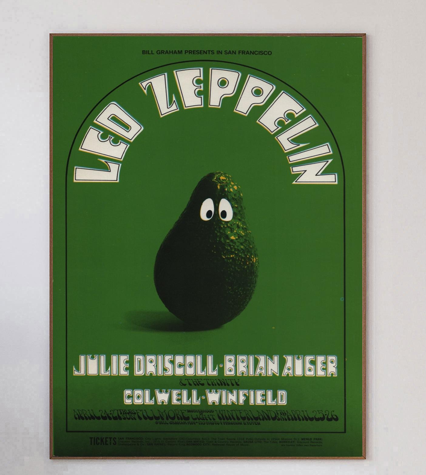 Dieses wunderschöne Plakat wurde 1969 von dem legendären Konzertplakatkünstler Randy Tuten zusammen mit Peter Pynchon entworfen, um ein Live-Konzert von Led Zeppelin im weltberühmten Fillmore in San Francisco zu bewerben. Bill Graham-Veranstaltungen