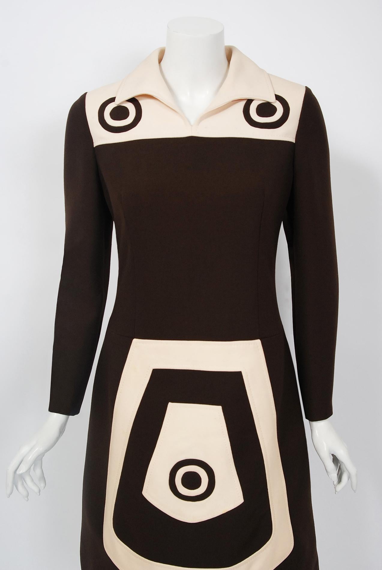 Breathtaking Louis Feraud graphic wool-blend dress from his 1969 iconic couture collection. Feraud's career started when he opened his first French boutique in 1955. As luck would have it, Brigitte Bardot bought one of his dresses and the attention
