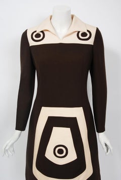 1969 Louis Feraud Couture Brown & Creme Wool Op-Art Mod Target Long-Sleeve Dress