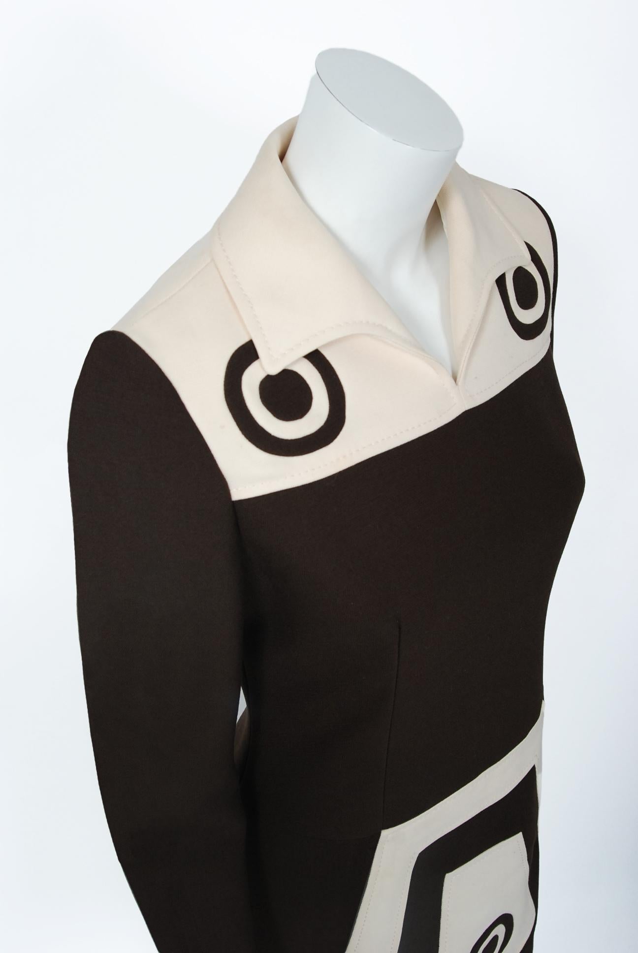 Black 1969 Louis Feraud Couture Brown & Creme Wool Op-Art Mod Target Long-Sleeve Dress