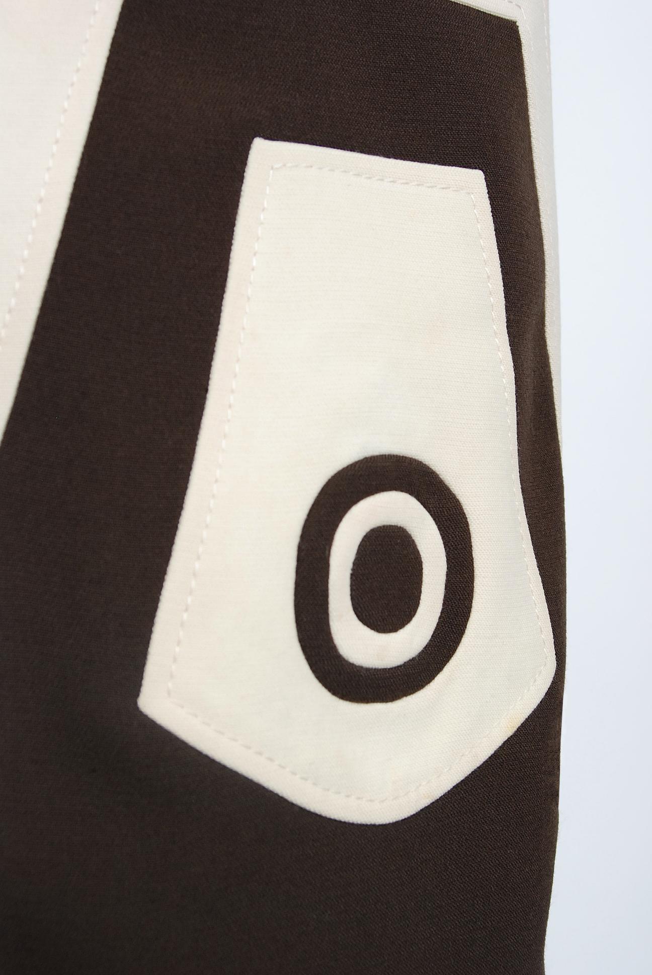 Women's 1969 Louis Feraud Couture Brown & Creme Wool Op-Art Mod Target Long-Sleeve Dress