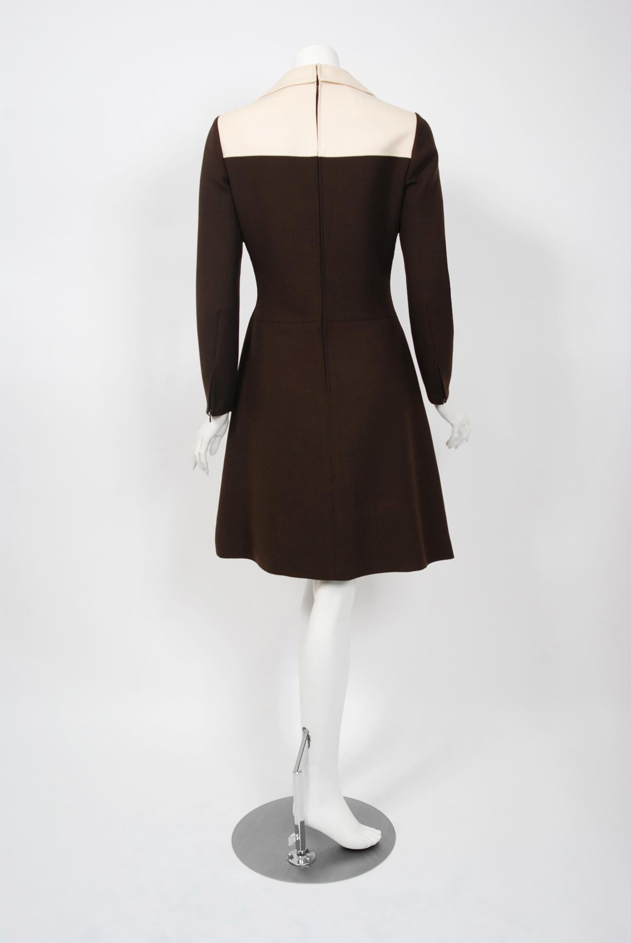 1969 Louis Feraud Couture Brown & Creme Wool Op-Art Mod Target Long-Sleeve Dress 2