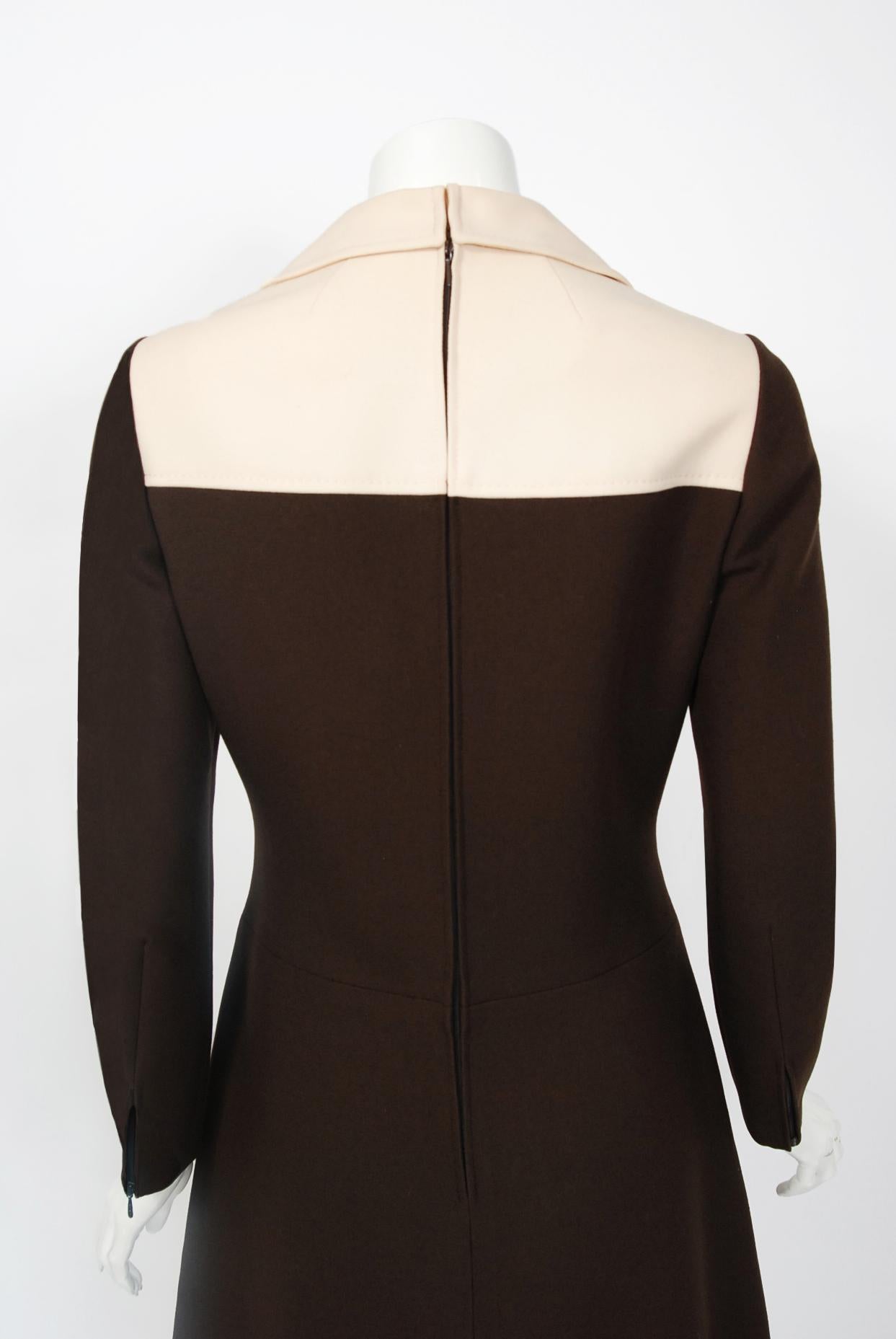 1969 Louis Feraud Couture Brown & Creme Wool Op-Art Mod Target Long-Sleeve Dress 3