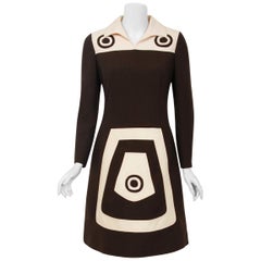 1969 Louis Feraud Couture Brown & Creme Wool Op-Art Mod Target Long-Sleeve Dress