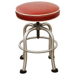 1969 Mid-Century Modern Red Leather Stool Signed Warren McArthur, Nickel-Plated