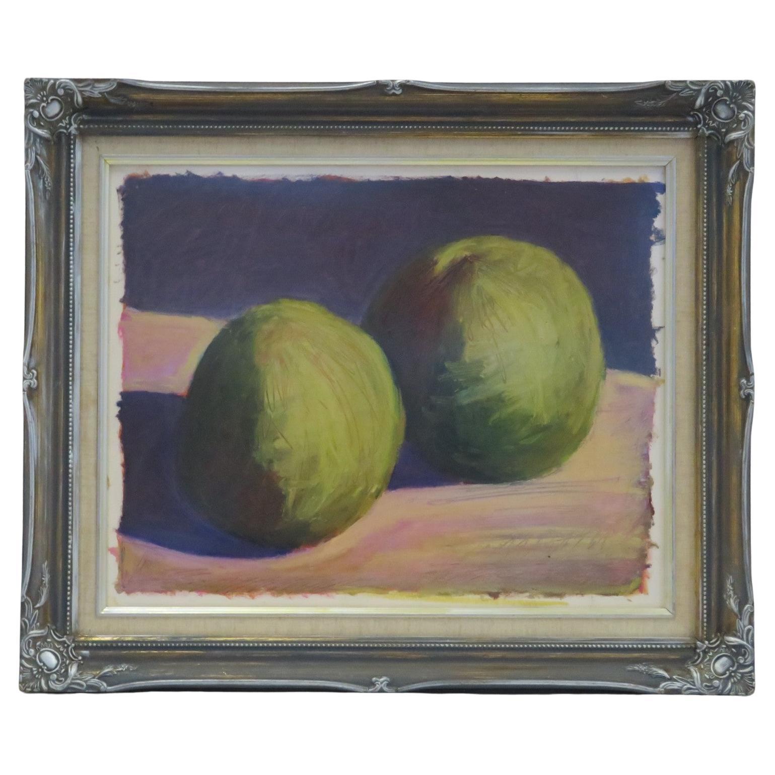 Impossible to read signature on this sweet Still Life with Melons. In a soft pleasing lavender pink color, sit two very round lime green melons (?) with a dark blue backdrop. An illegible signature and date '69 are scratched on the lower right