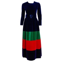 Vintage 1969 Nina Ricci Haute Couture Documented Rainbow Block-Color Velvet Maxi Dress