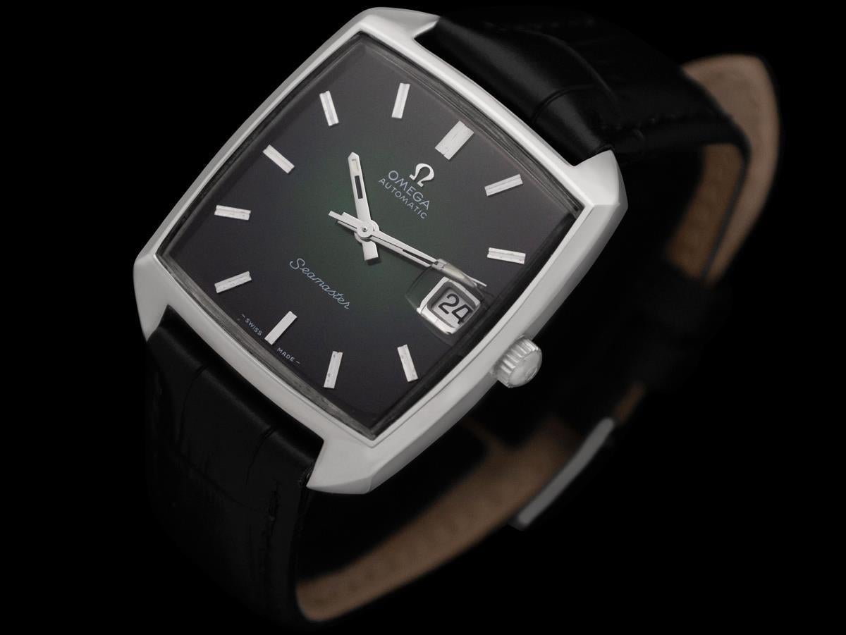 1969 Omega Seamaster Compressor Mens Vintage Watch with Cal. 565 and Emerald Dia In Good Condition For Sale In Suwanee, GA