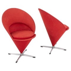 1969 Pair of Verner Panton for Plus Linje Cone Side Chairs in Red Fabric
