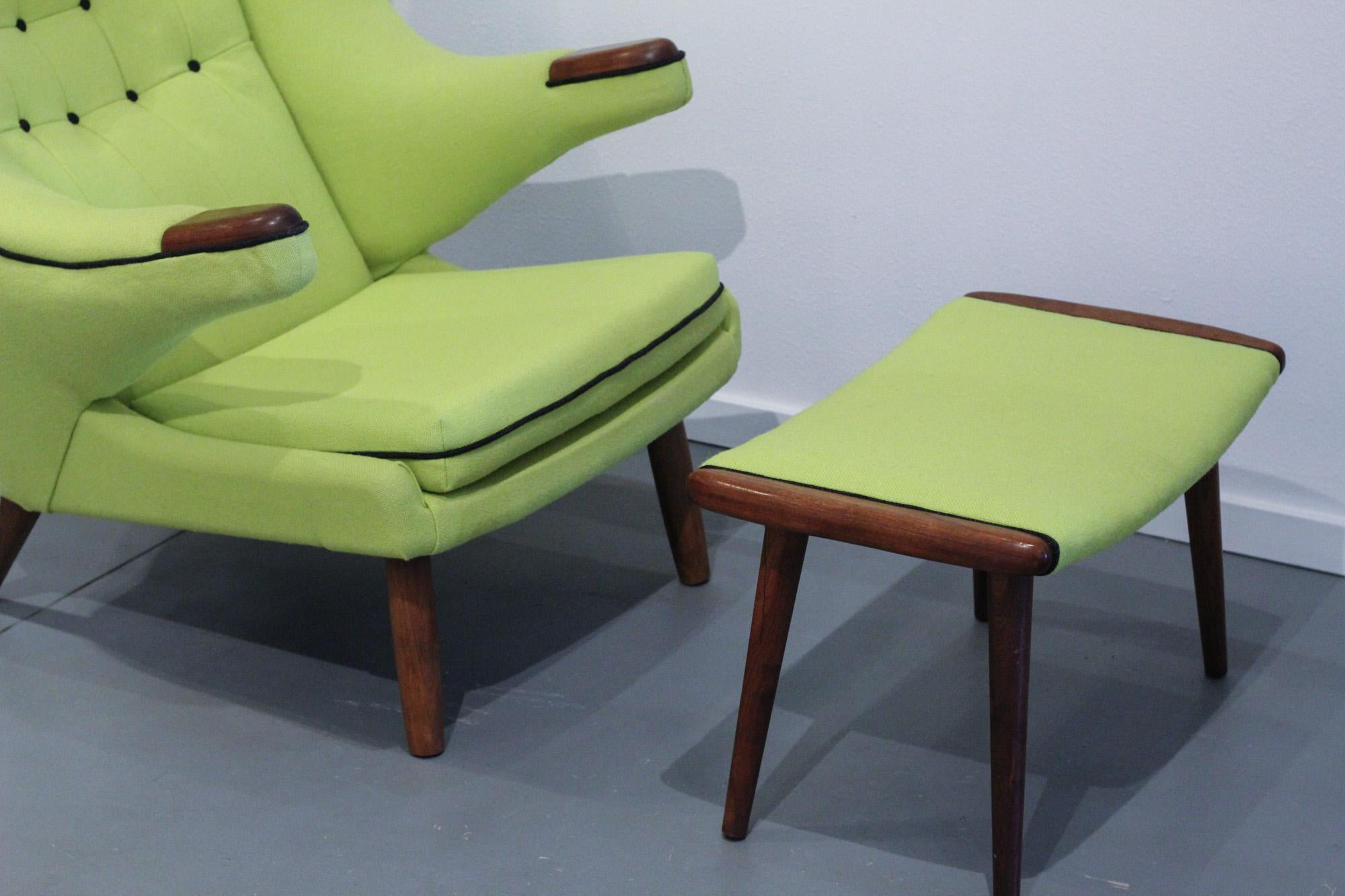 Stunning Danish modern lounge chair and ottoman manufactured by Danica Domus in 1969 in the style of mid century modern iconic Hans J Wegner Papa Bear chair 

Chair was purchased by previous owner in Denmark and upholstered in Kvadrat Maharam