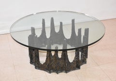 1969 Paul Evans Bronze Round Stalagmite Base with Glass Top Coffee Table Signed