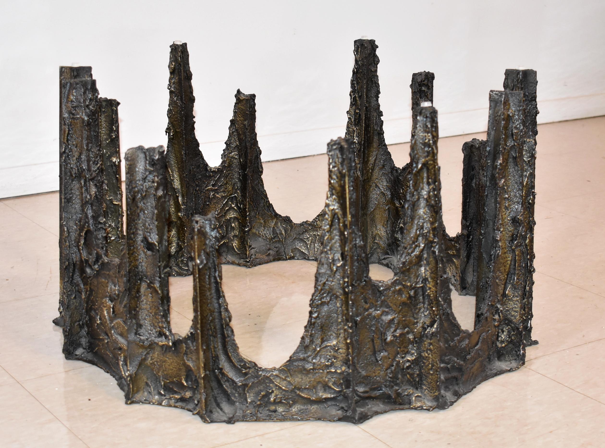 North American 1969 Paul Evans Bronze Round Stalagmite Base with Glass Top Coffee Table For Sale