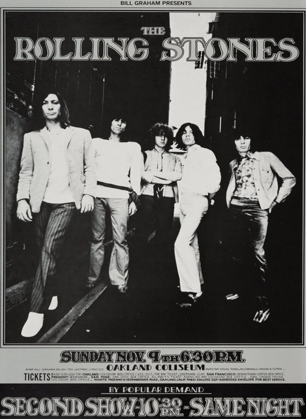 Magnifique affiche des concerts des Rolling Stones au Oakland Coliseum en Californie, USA. Présentés par Bill Graham, les concerts ont tous deux eu lieu le 9 novembre et faisaient partie de l'